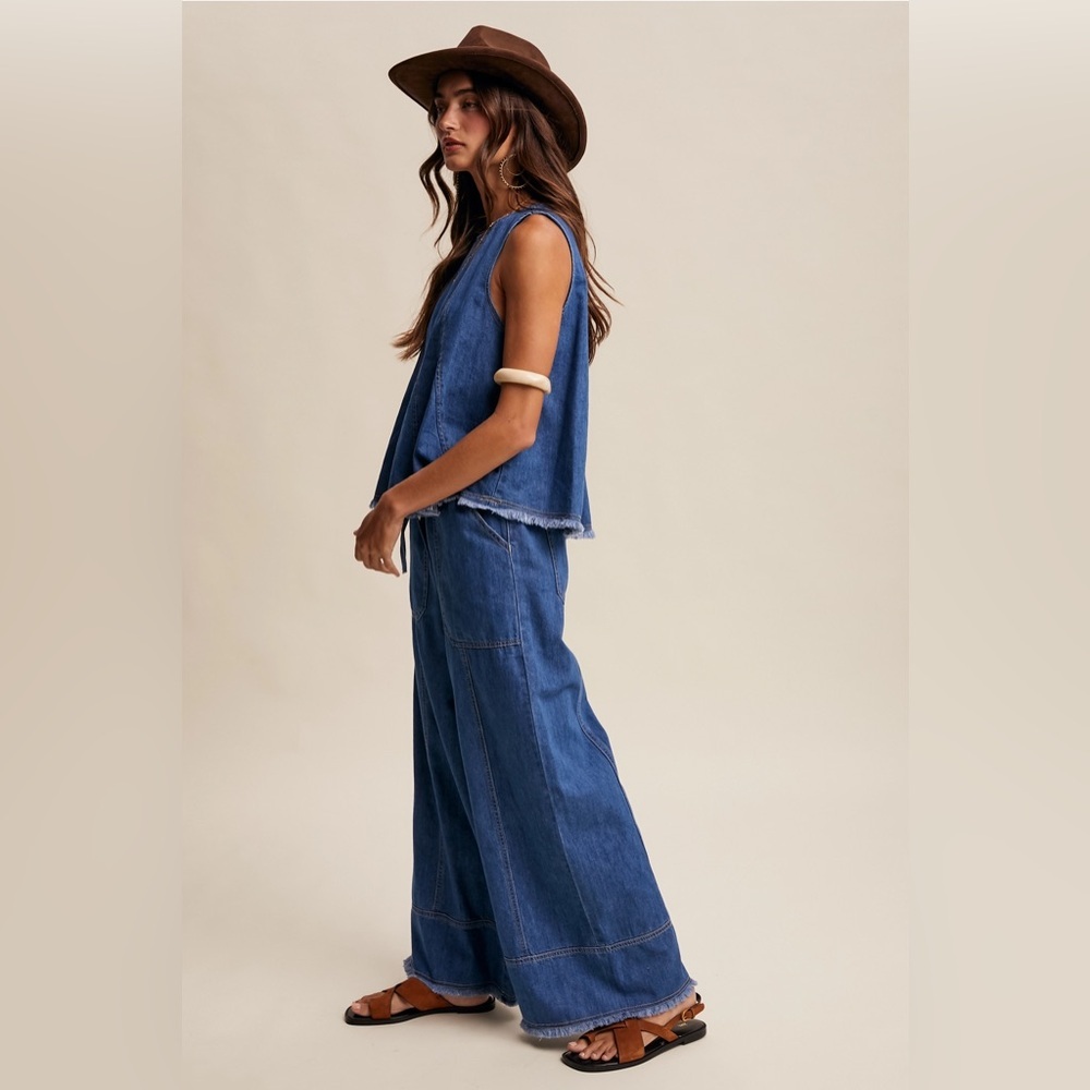 Listicle Lg Blue Denim Wide-Leg Jumpsuit Romper - Picture 3 of 4